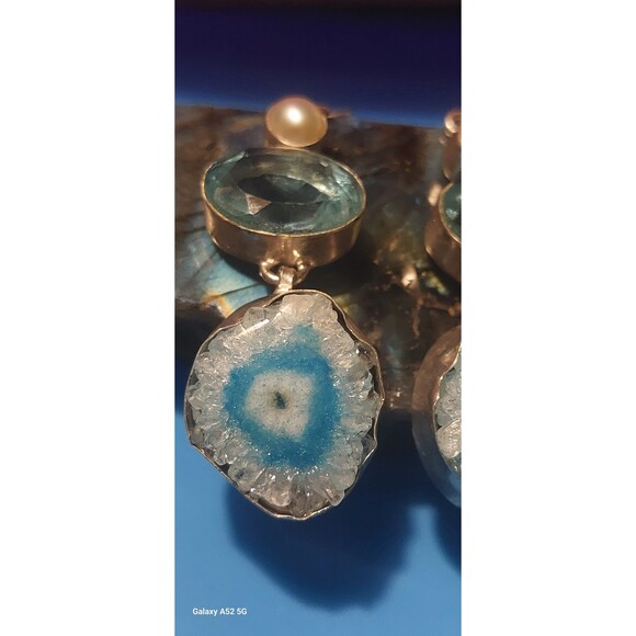 Blue druzy agate? Earrings with blue glass and faux pearl silver plated - Picture 4 of 9
